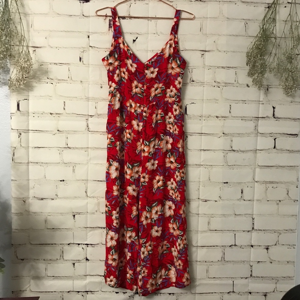 Red Floral ankle romper.
